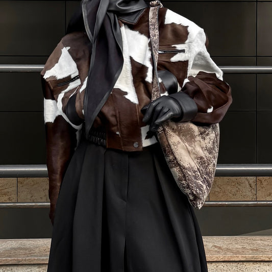 American street style design, cow print leather jacket, hoodless, versatile short jacket, trendy for women