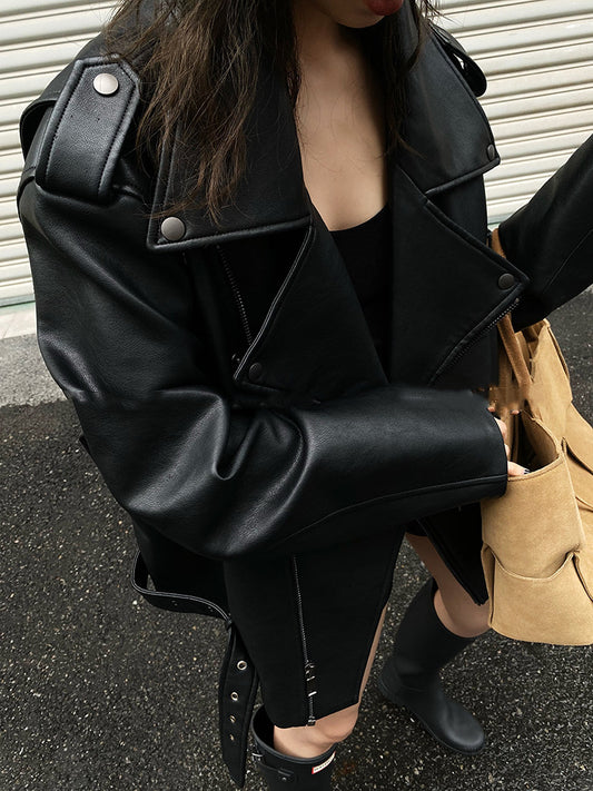 Black loose locomotive leather jacket female