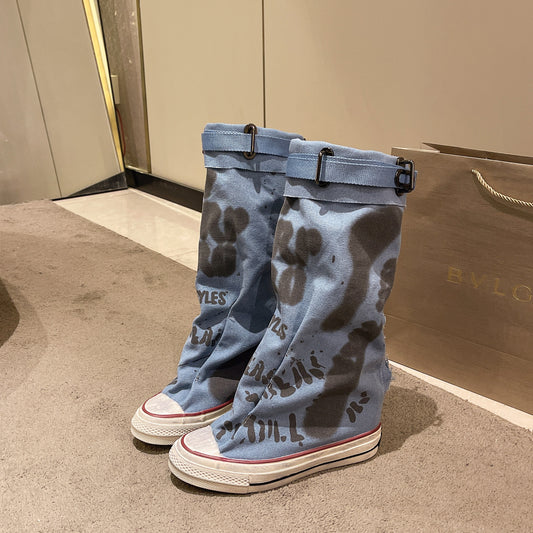 Boot Woman new retro flat graffiti mif boots  trend  trend fashion pile pile boot trend