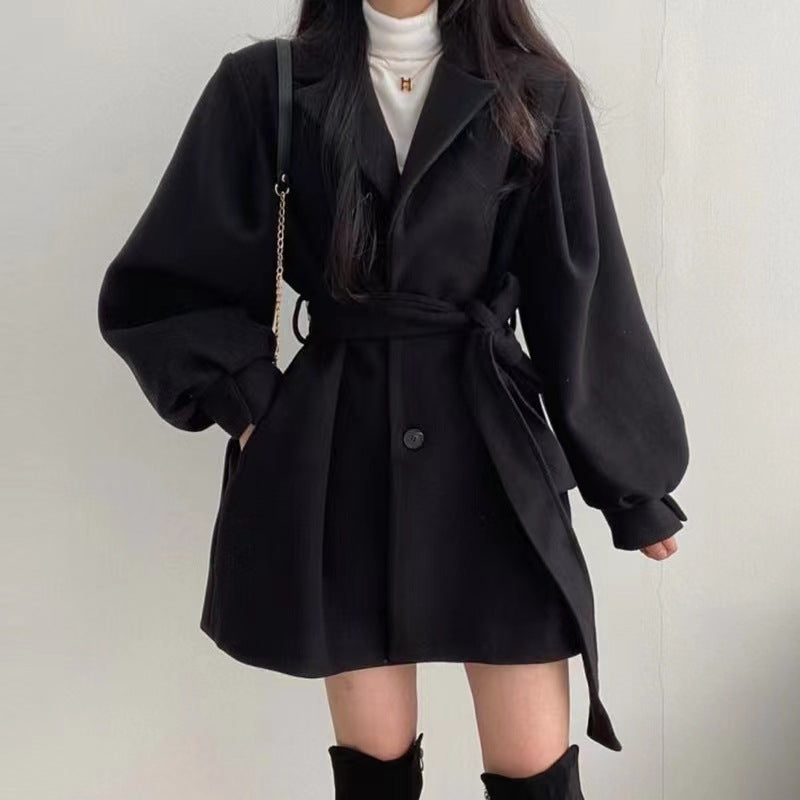 Hepburn style black woolen coat Women's Autumn Winter 2022 new small waist thickened medium long woolen coat