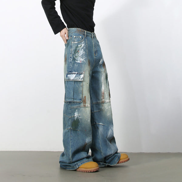 Jiezhan YOU : Graffiti multi-pocket blue wide-leg jeans 25 autumn American high street cargo pants for men
