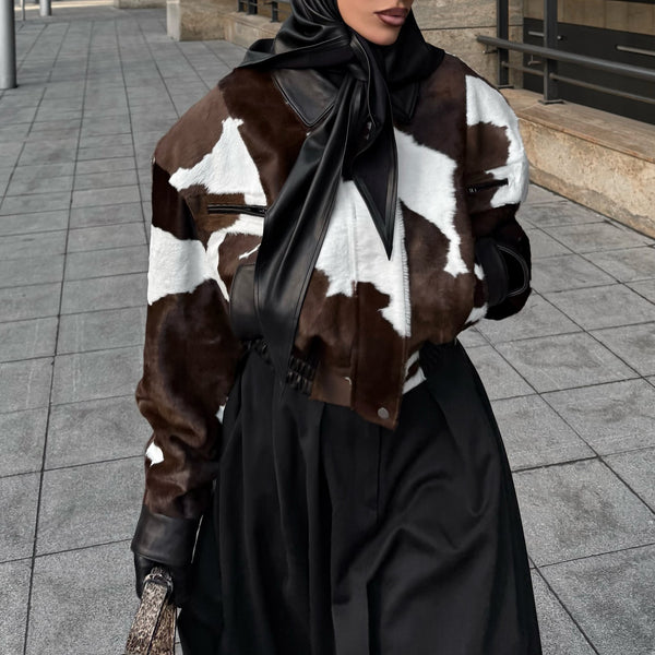 American street style design, cow print leather jacket, hoodless, versatile short jacket, trendy for women