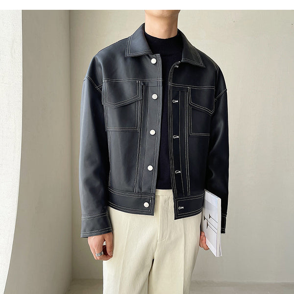 South Korea light ripe wind series bright line leather coat short style quality loose drop shoulder sleeve PU leather coat INS trend motorcycle men