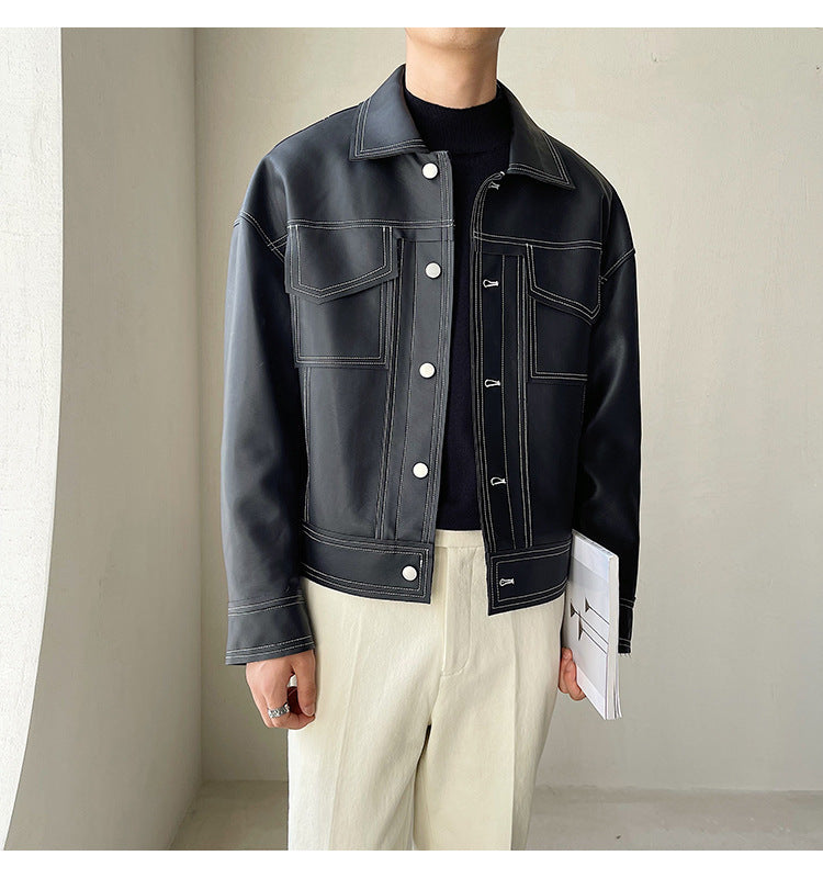 South Korea light ripe wind series bright line leather coat short style quality loose drop shoulder sleeve PU leather coat INS trend motorcycle men