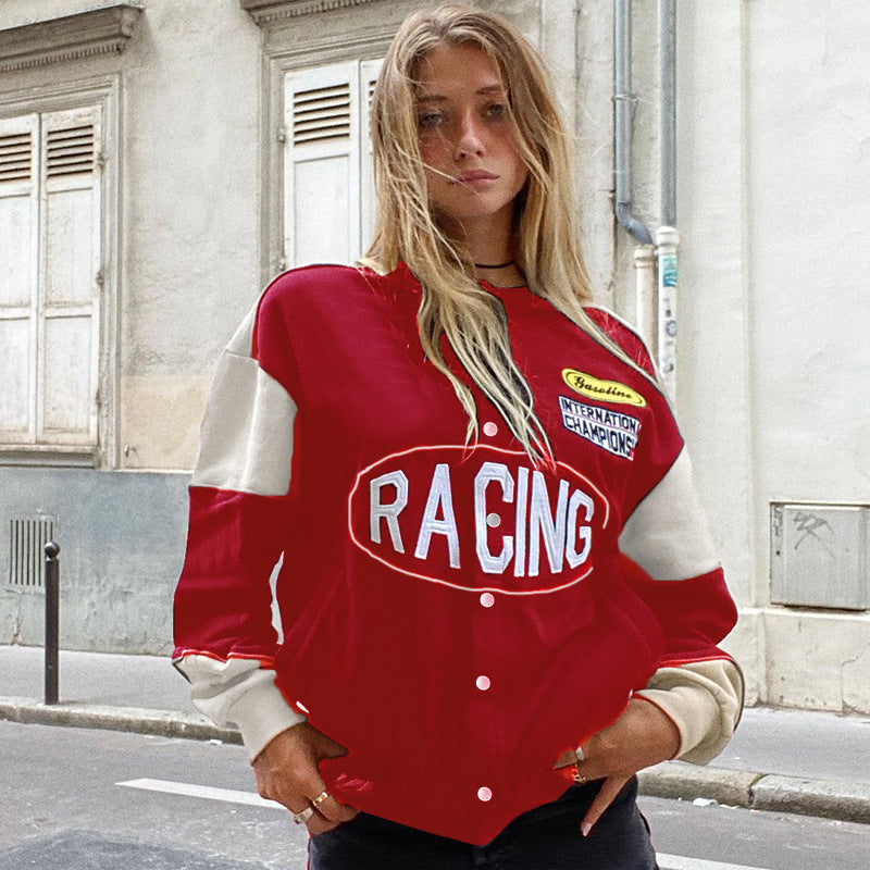JY21521 Knitting College style collide color baseball uniform European and American winter women's printed loose long sleeve jacket