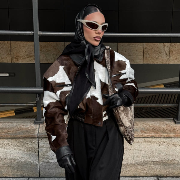 American street style design, cow print leather jacket, hoodless, versatile short jacket, trendy for women