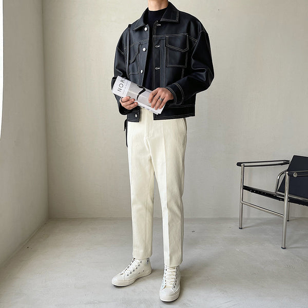 South Korea light ripe wind series bright line leather coat short style quality loose drop shoulder sleeve PU leather coat INS trend motorcycle men