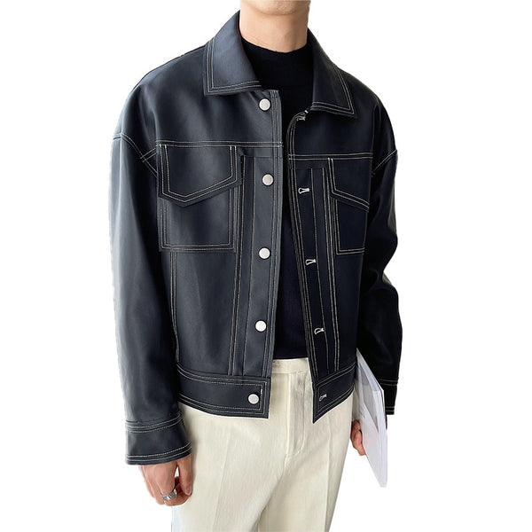 South Korea light ripe wind series bright line leather coat short style quality loose drop shoulder sleeve PU leather coat INS trend motorcycle men