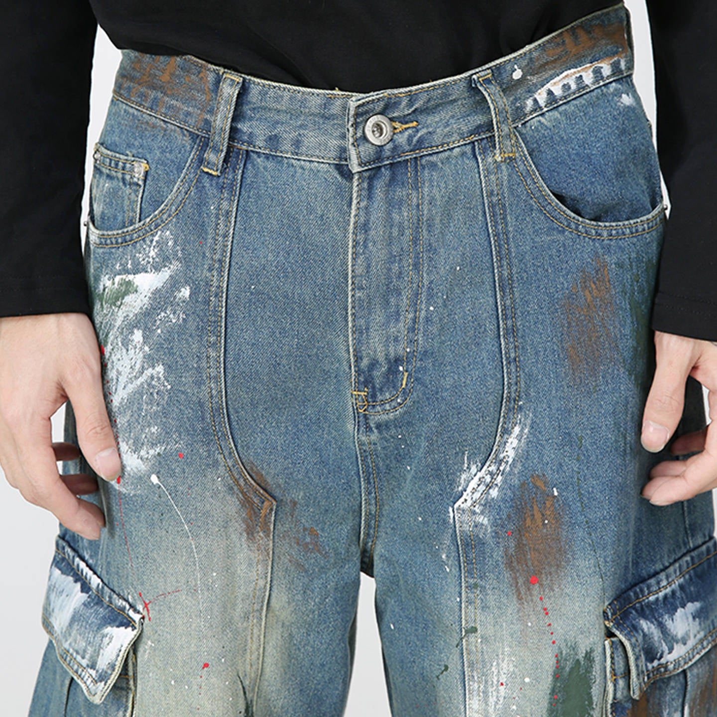 Jiezhan YOU : Graffiti multi-pocket blue wide-leg jeans 25 autumn American high street cargo pants for men