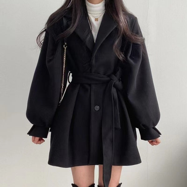Hepburn style black woolen coat Women's Autumn Winter 2022 new small waist thickened medium long woolen coat