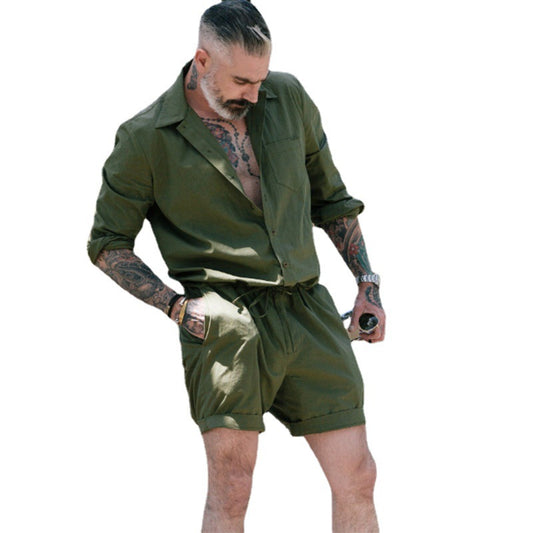 2023 summer new middle-aged men's leisure suit Amazon hot selling cotton and linen jumpsuit men's clothing