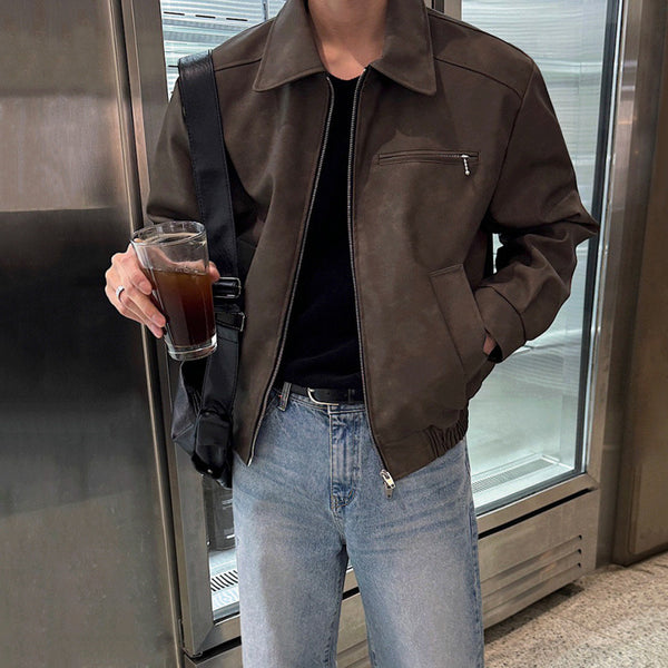 MYQ American vintage short leather men's autumn baggy lapel leather jacket  version of the trend plankton handsome motorcycle clothing