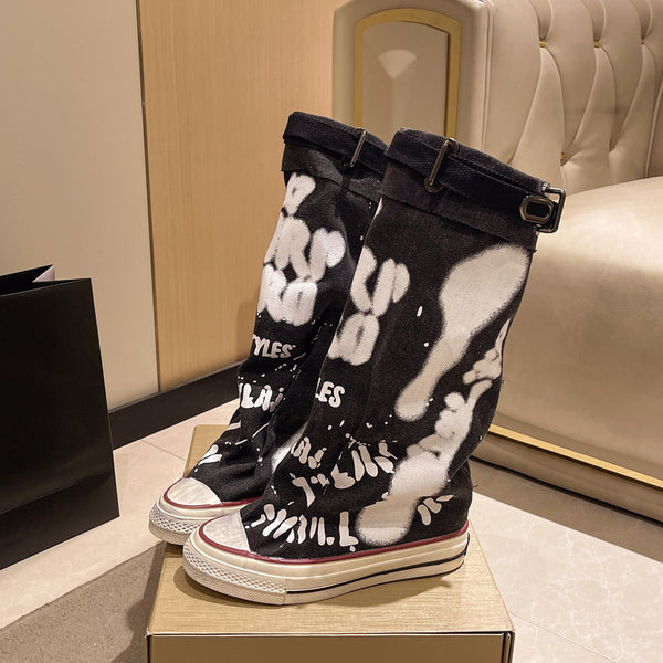 Boot Woman new retro flat graffiti mif boots  trend  trend fashion pile pile boot trend