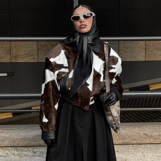 American street style design, cow print leather jacket, hoodless, versatile short jacket, trendy for women