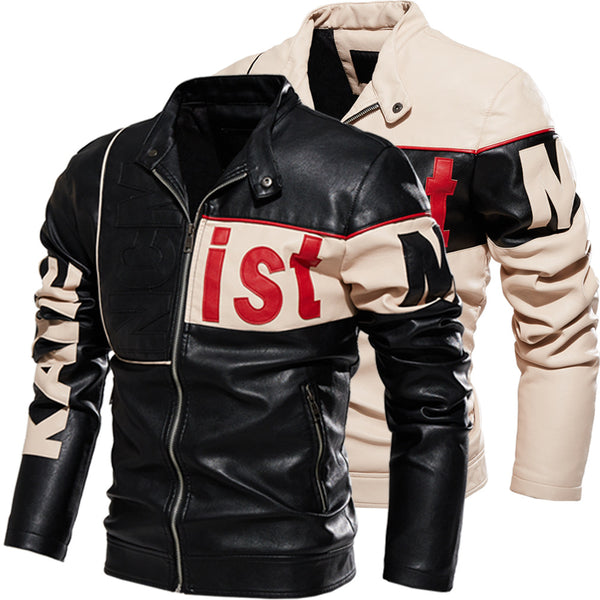 New men's jacket, trendy motorcycle suit for men, two-tone pu coat, beige leather jacket for men