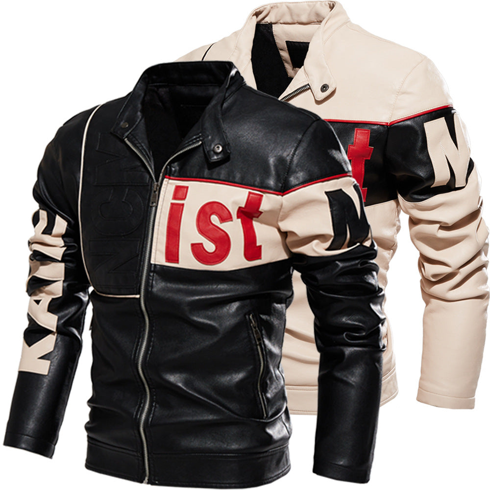 New men's jacket, trendy motorcycle suit for men, two-tone pu coat, beige leather jacket for men