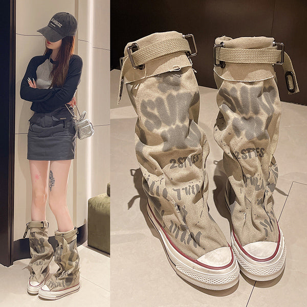 Boot Woman new retro flat graffiti mif boots  trend  trend fashion pile pile boot trend
