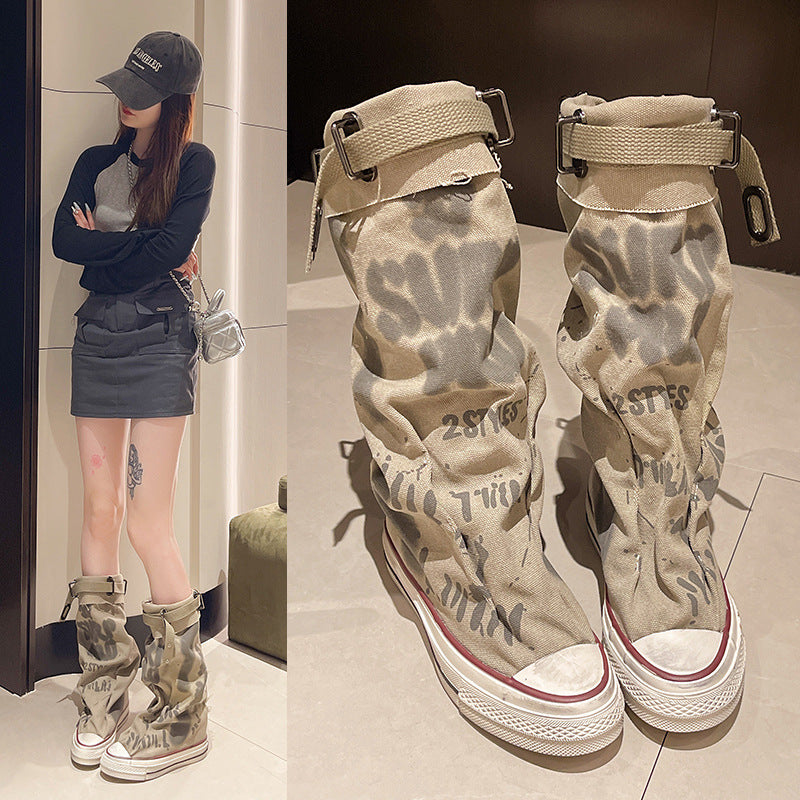 Boot Woman new retro flat graffiti mif boots  trend  trend fashion pile pile boot trend