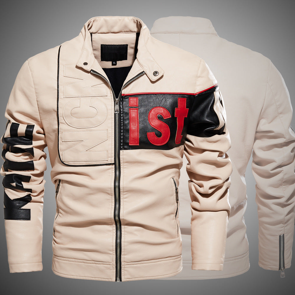 New men's jacket, trendy motorcycle suit for men, two-tone pu coat, beige leather jacket for men