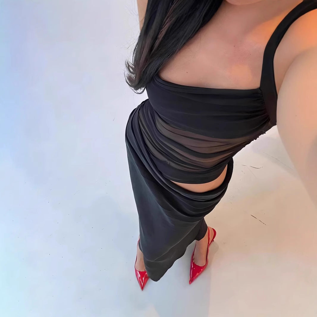 Design sense gauze splicing perspective waist hanging halter dress spring and autumn temperament slim dress