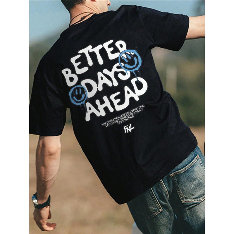 The day in front of the letter graphic men's and women's T-shirt, O-neck casual T-shirt, fashionable cotton T-shirt