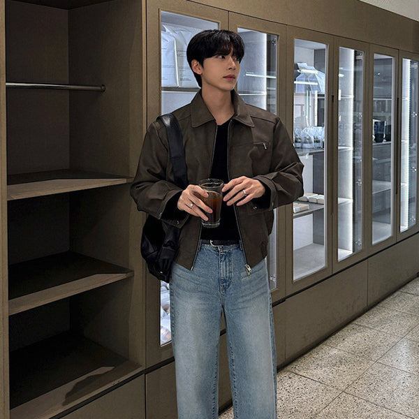 MYQ American vintage short leather men's autumn baggy lapel leather jacket  version of the trend plankton handsome motorcycle clothing