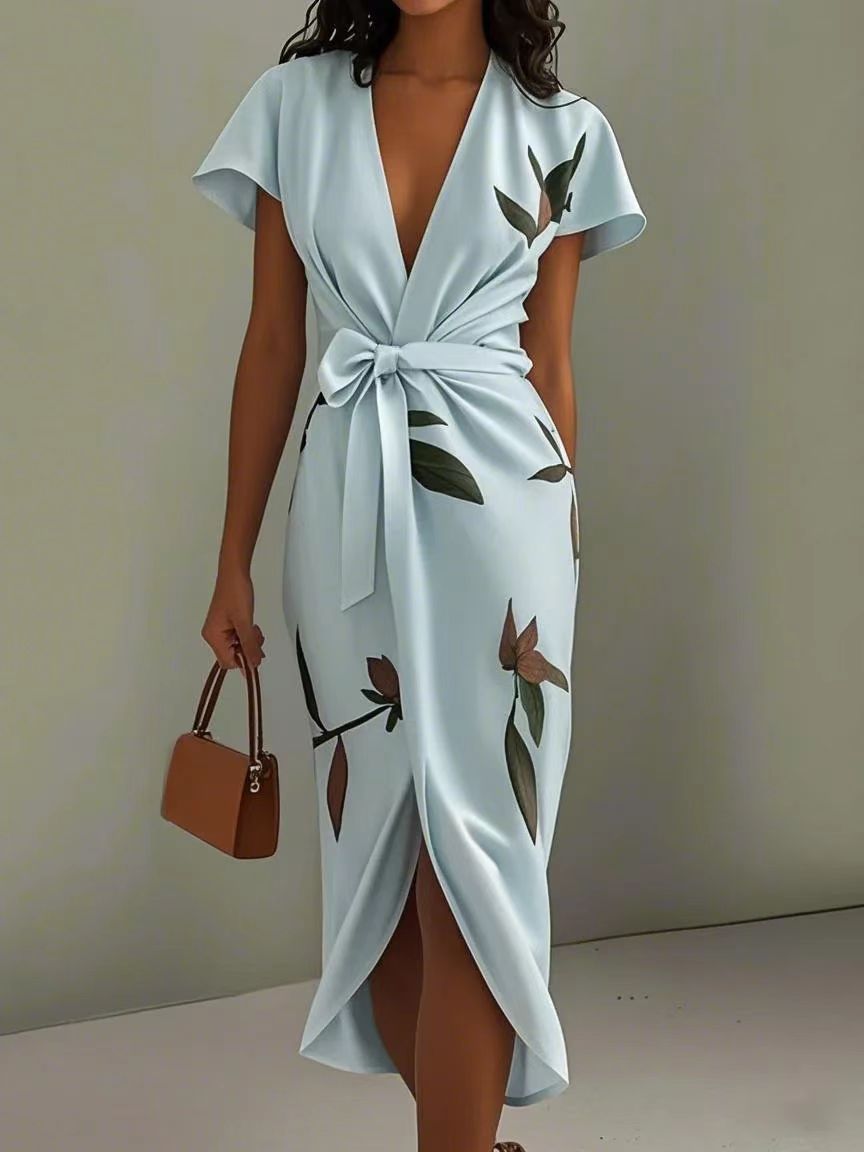 Printed belt-tied dress