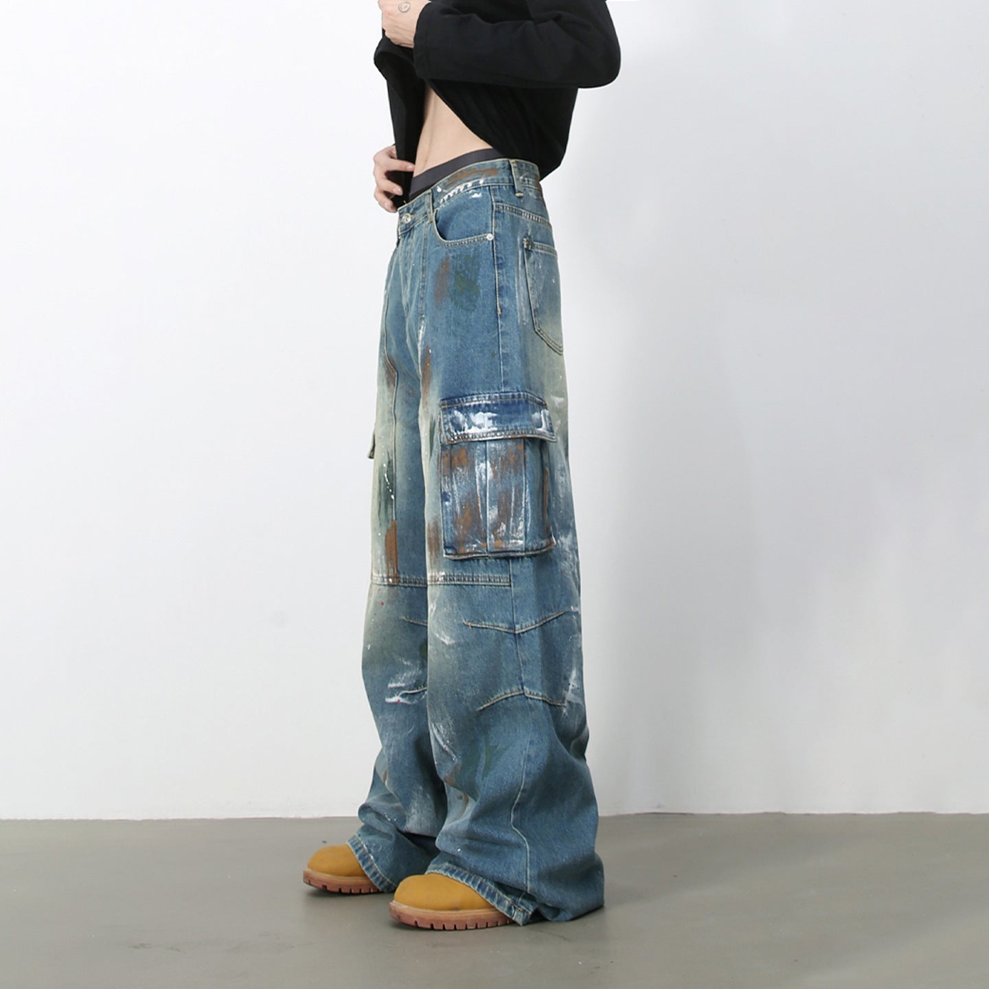 Jiezhan YOU : Graffiti multi-pocket blue wide-leg jeans 25 autumn American high street cargo pants for men