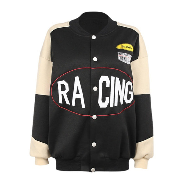 JY21521 Knitting College style collide color baseball uniform European and American winter women's printed loose long sleeve jacket
