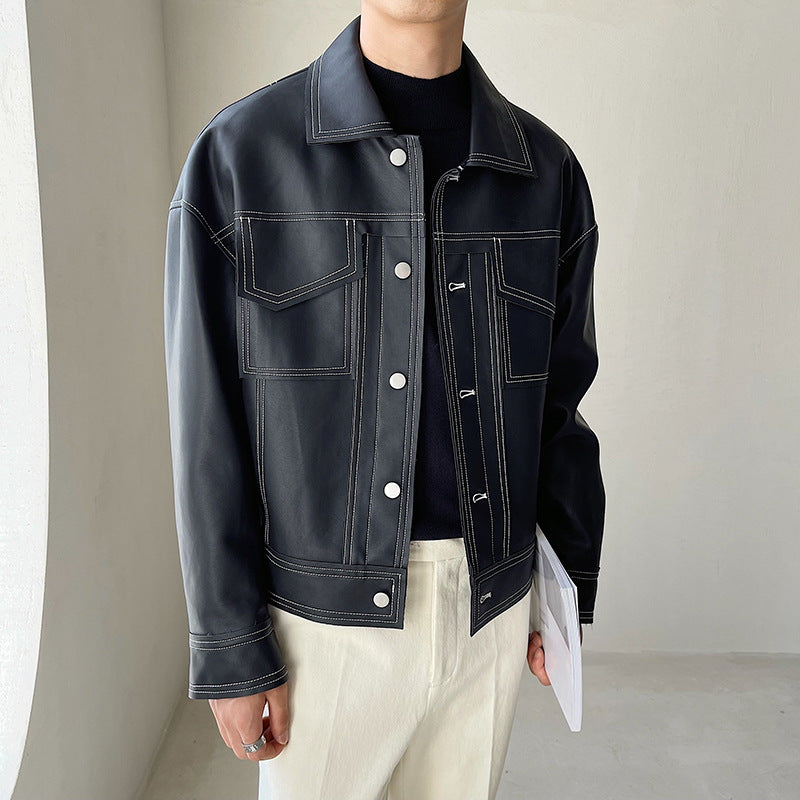 South Korea light ripe wind series bright line leather coat short style quality loose drop shoulder sleeve PU leather coat INS trend motorcycle men