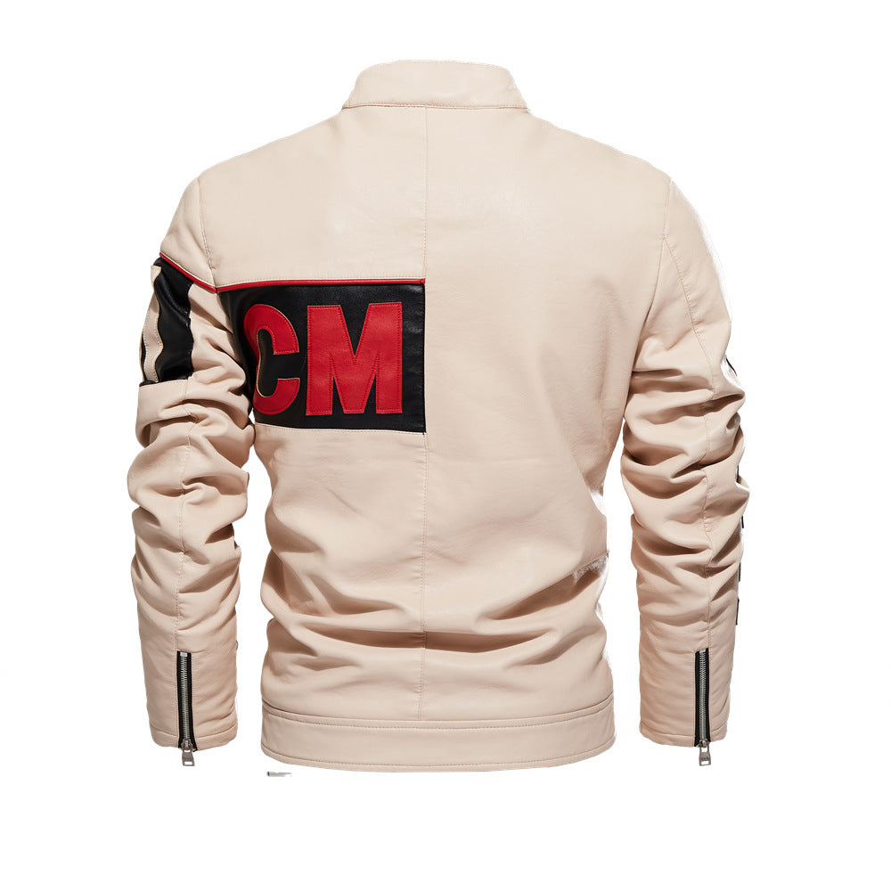 New men's jacket, trendy motorcycle suit for men, two-tone pu coat, beige leather jacket for men