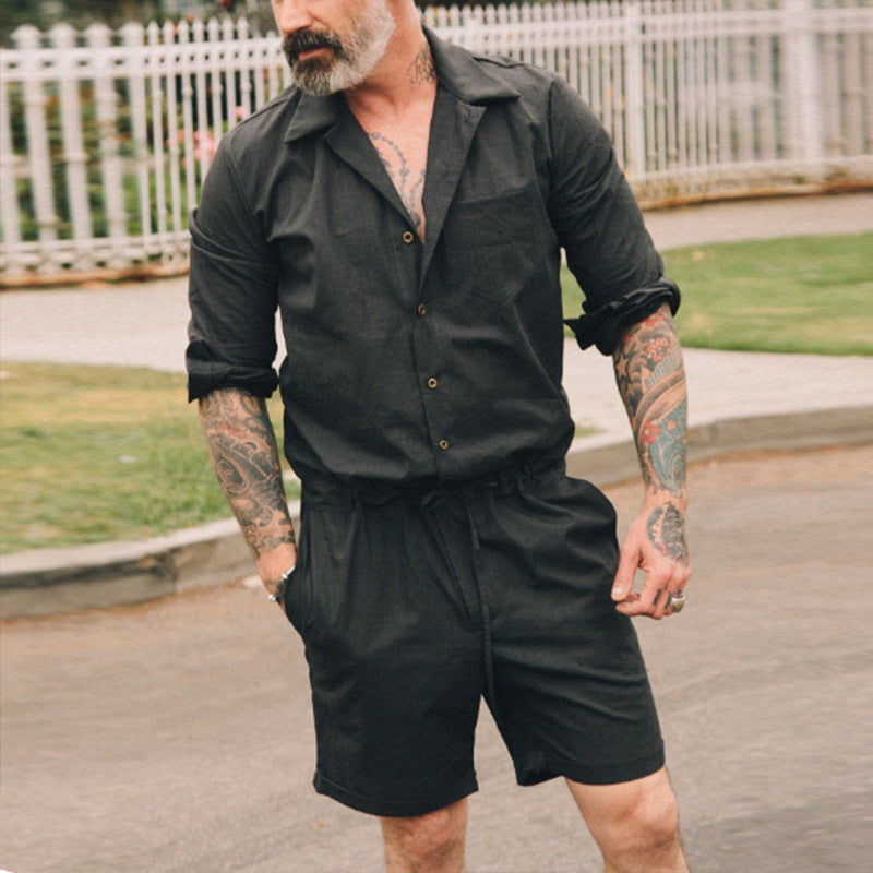 2023 summer new middle-aged men's leisure suit Amazon hot selling cotton and linen jumpsuit men's clothing