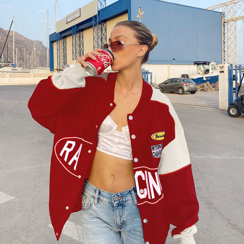 JY21521 Knitting College style collide color baseball uniform European and American winter women's printed loose long sleeve jacket