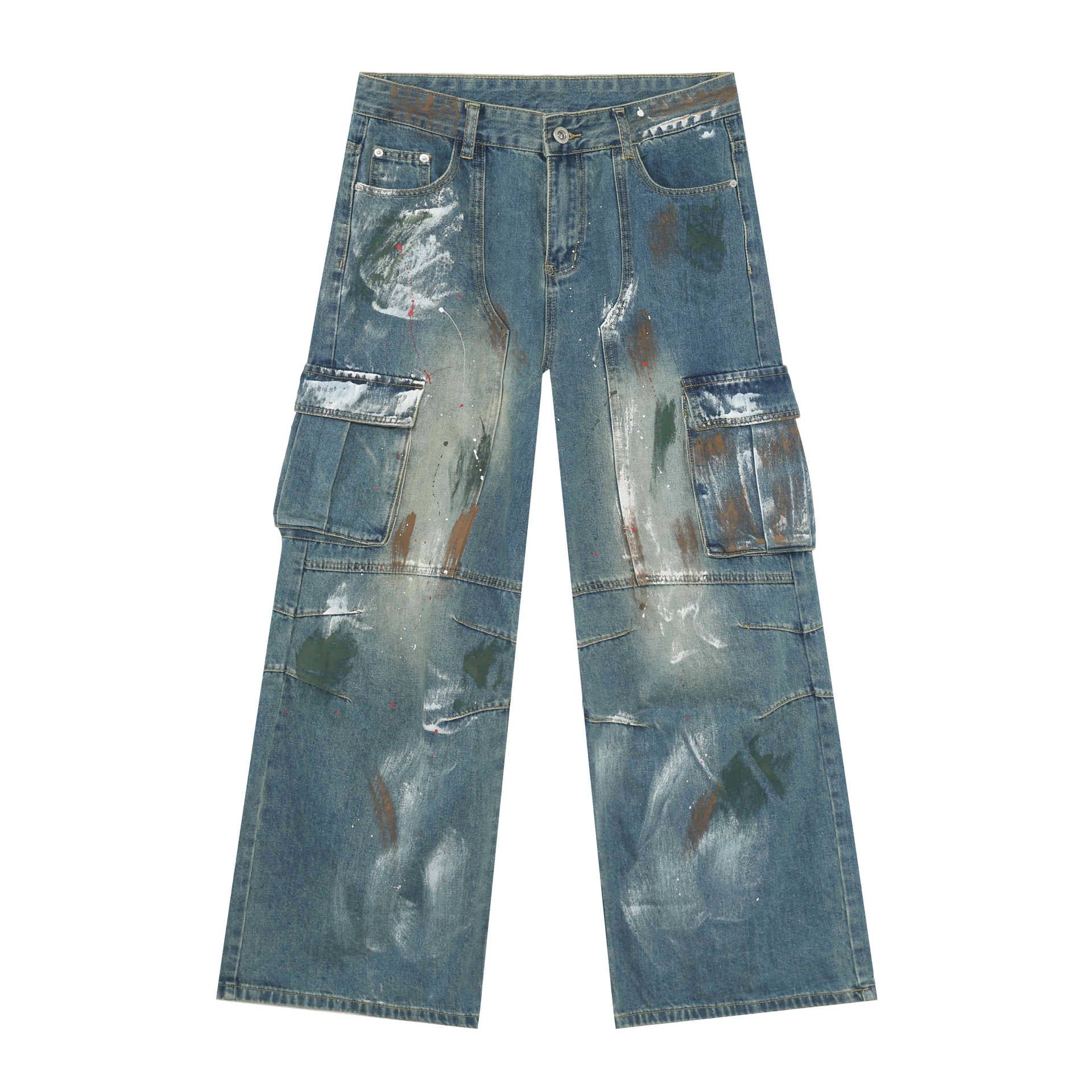 Jiezhan YOU : Graffiti multi-pocket blue wide-leg jeans 25 autumn American high street cargo pants for men