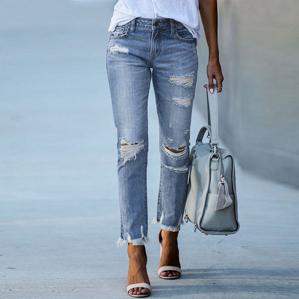 eBay Europe and America cross-border Amazon new raw edge ripped slim jeans straight leg nine points pants wish female