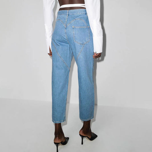 2023 summer new washed rhinestones hollow love decorated straight leg jeans fashionable loose slim straight leg pants