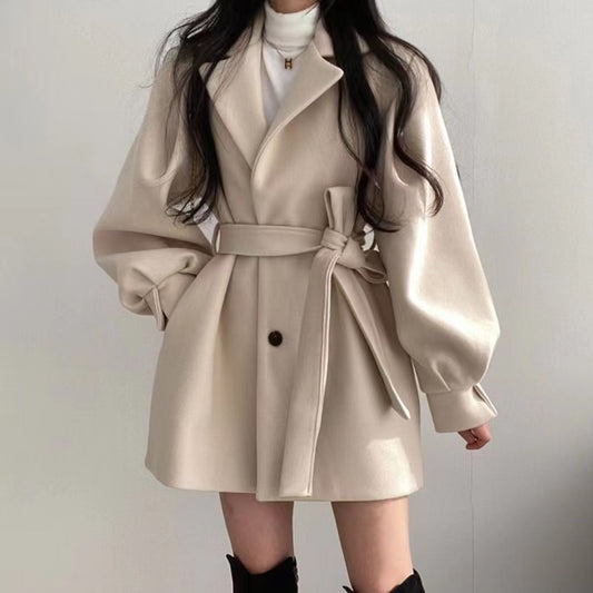 Hepburn style black woolen coat Women's Autumn Winter 2022 new small waist thickened medium long woolen coat