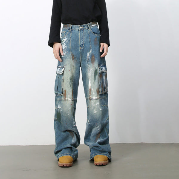 Jiezhan YOU : Graffiti multi-pocket blue wide-leg jeans 25 autumn American high street cargo pants for men