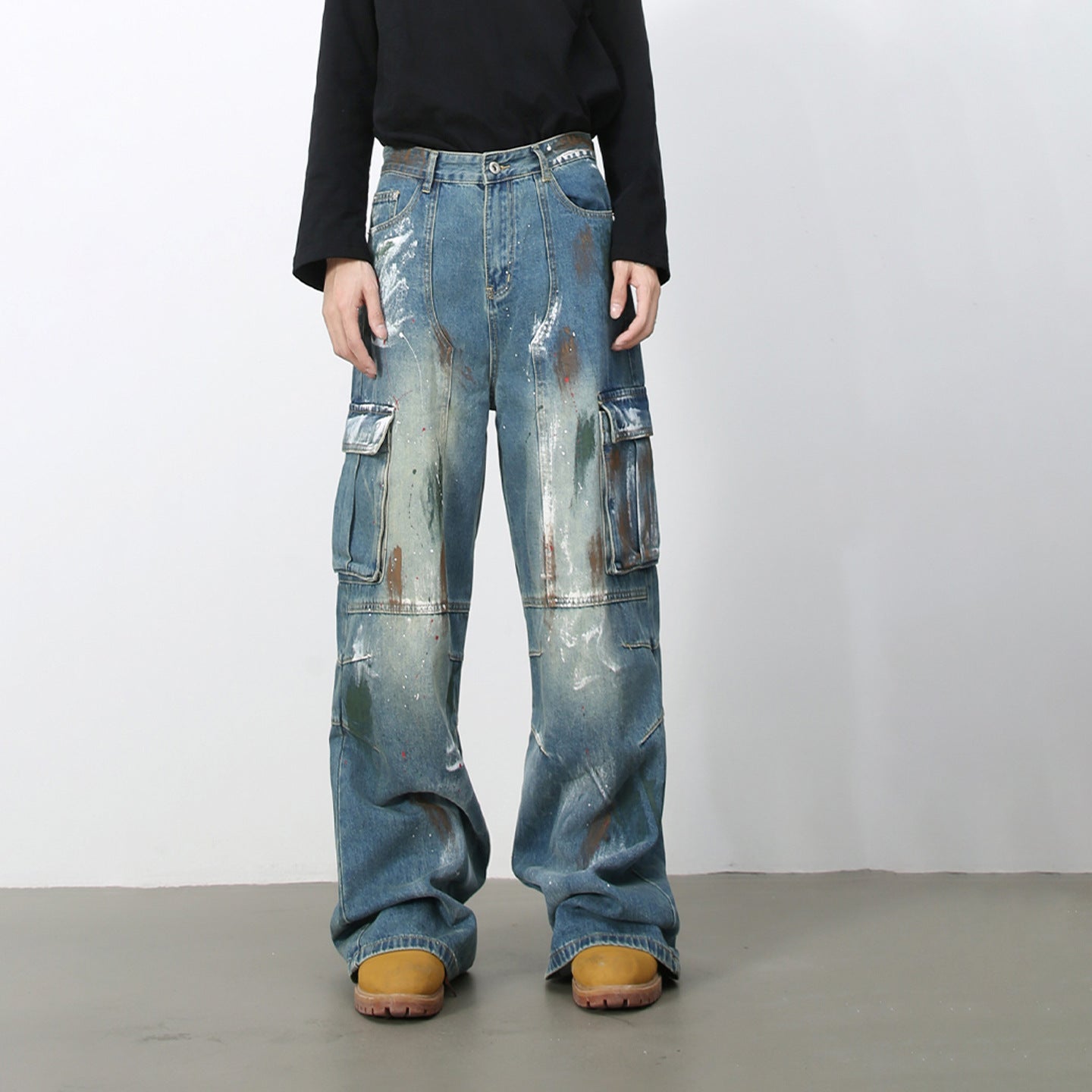 Jiezhan YOU : Graffiti multi-pocket blue wide-leg jeans 25 autumn American high street cargo pants for men
