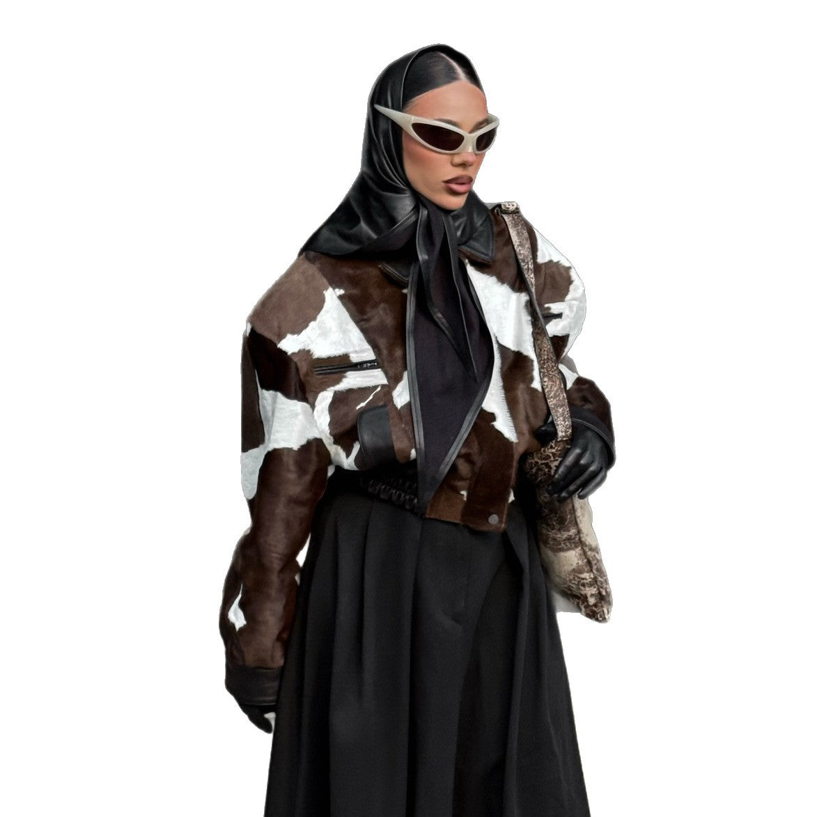 American street style design, cow print leather jacket, hoodless, versatile short jacket, trendy for women