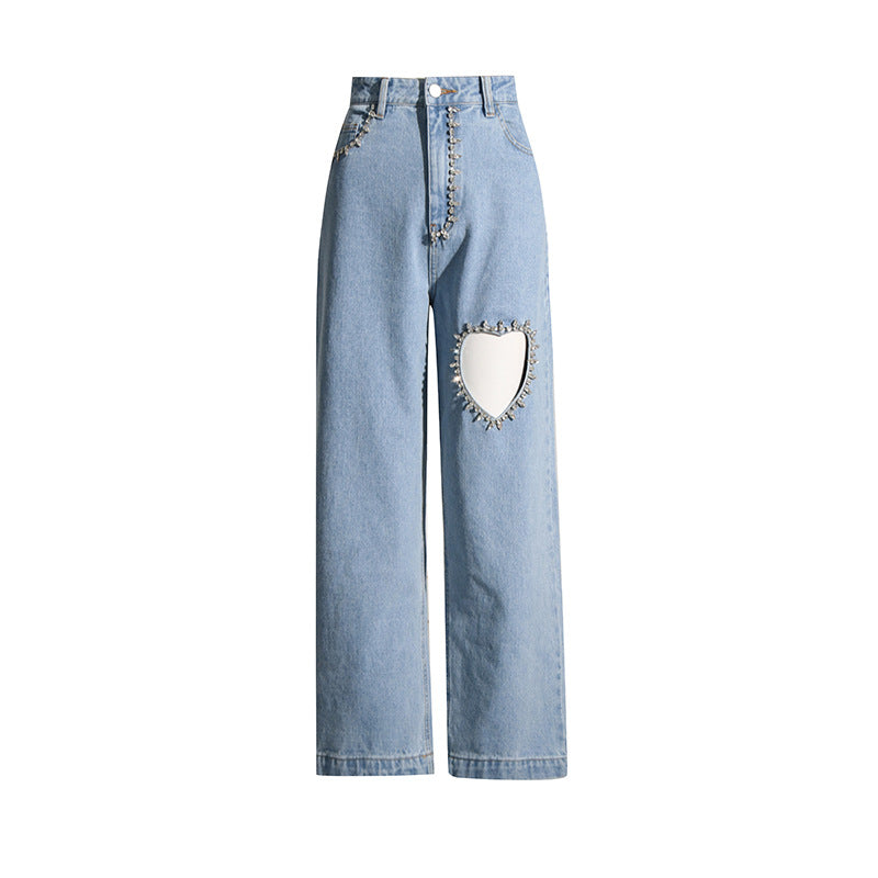 2023 summer new washed rhinestones hollow love decorated straight leg jeans fashionable loose slim straight leg pants