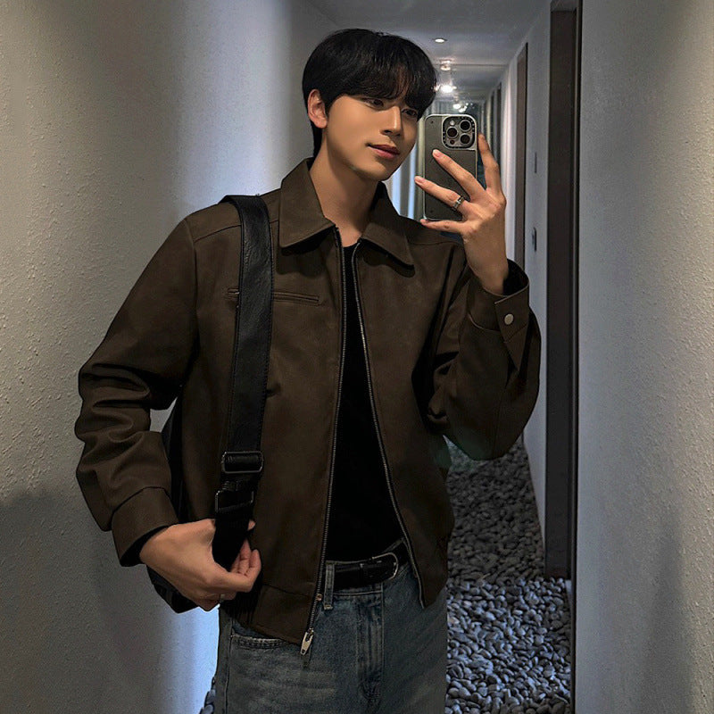 MYQ American vintage short leather men's autumn baggy lapel leather jacket  version of the trend plankton handsome motorcycle clothing