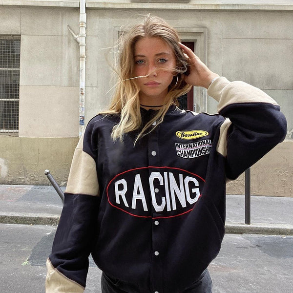 JY21521 Knitting College style collide color baseball uniform European and American winter women's printed loose long sleeve jacket