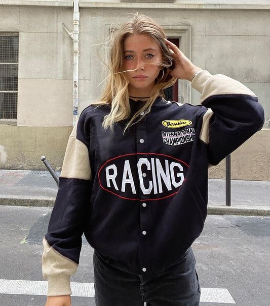 JY21521 Knitting College style collide color baseball uniform European and American winter women's printed loose long sleeve jacket