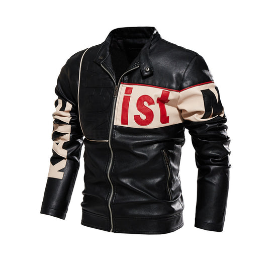 New men's jacket, trendy motorcycle suit for men, two-tone pu coat, beige leather jacket for men
