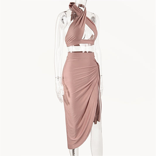 European and American cross-border foreign trade women's two-piece sexy hollow design hanging neck vest slit skirt set