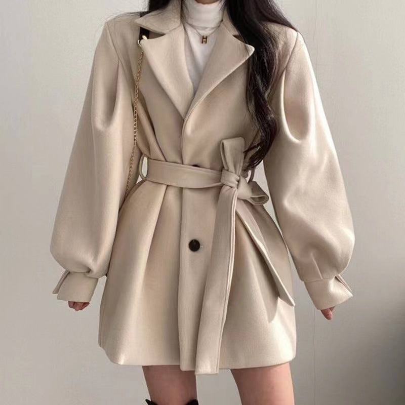 Hepburn style black woolen coat Women's Autumn Winter 2022 new small waist thickened medium long woolen coat