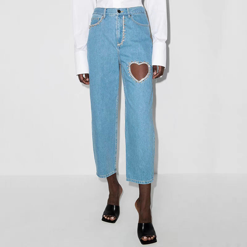 2023 summer new washed rhinestones hollow love decorated straight leg jeans fashionable loose slim straight leg pants