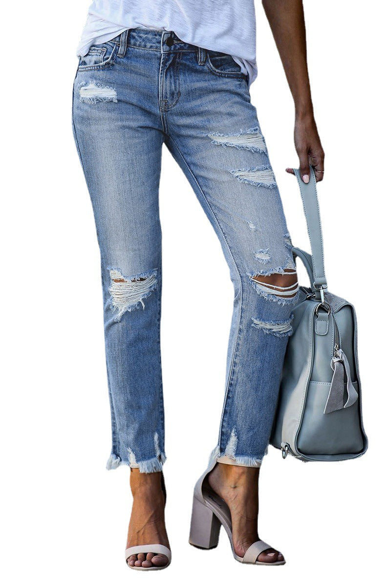 eBay Europe and America cross-border Amazon new raw edge ripped slim jeans straight leg nine points pants wish female
