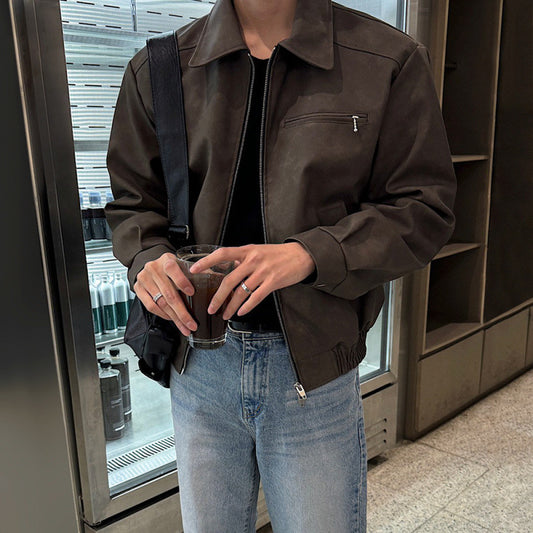 MYQ American vintage short leather men's autumn baggy lapel leather jacket  version of the trend plankton handsome motorcycle clothing